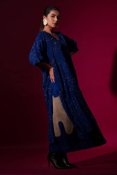 Stoique_Blue Mohair Fringe V-neck Celestial Hand Painted Tunic _Online_at_Aza_Fashions