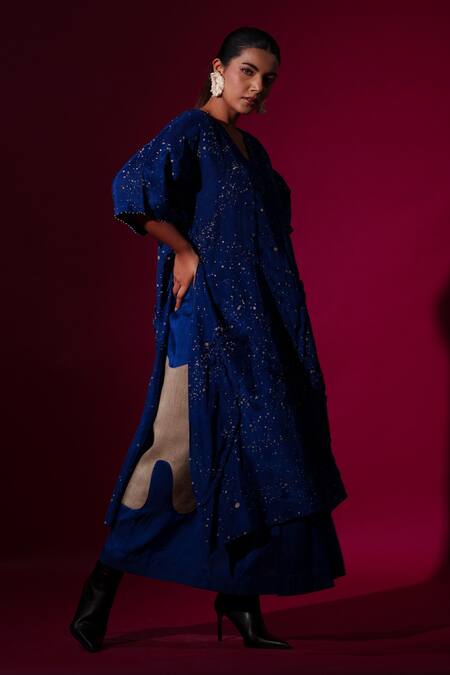 Buy_Stoique_Blue Mohair Fringe V-neck Celestial Hand Painted Tunic _Online_at_Aza_Fashions