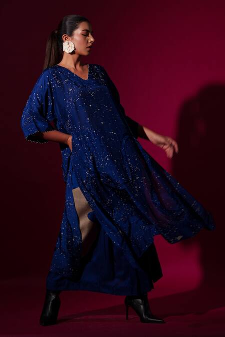 Shop_Stoique_Blue Mohair Fringe V-neck Celestial Hand Painted Tunic _Online_at_Aza_Fashions