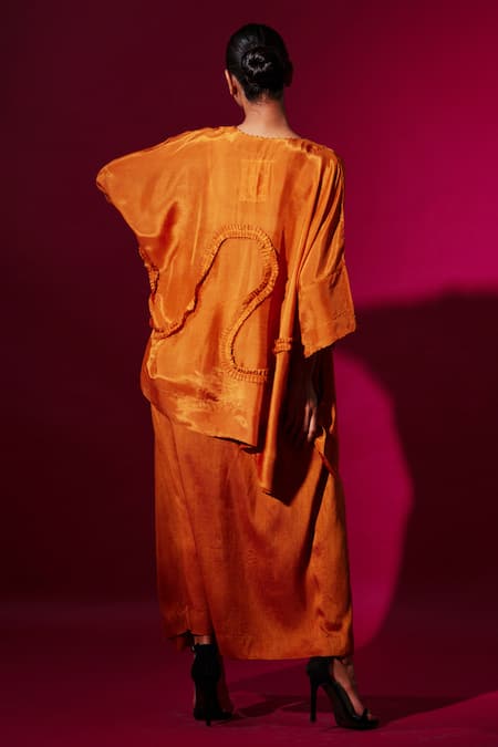 Shop_Stoique_Orange Muslin Pleated Mysore Silk Long Skirt _at_Aza_Fashions