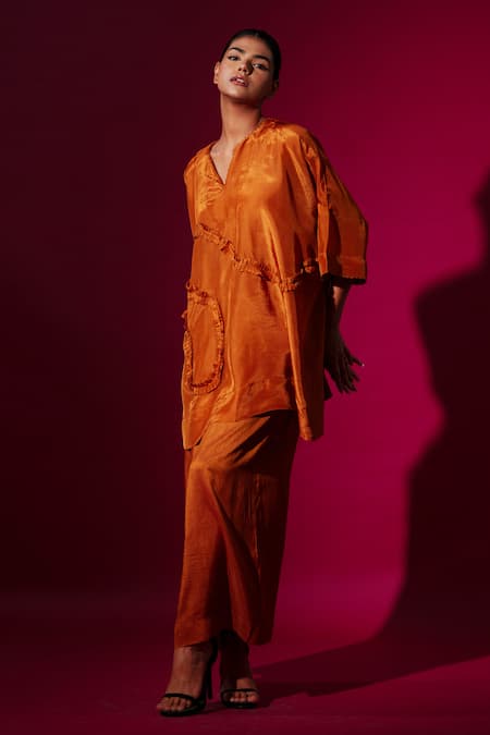 Stoique_Orange Silk Ruffles Open Neck Rust Detail Top _Online_at_Aza_Fashions