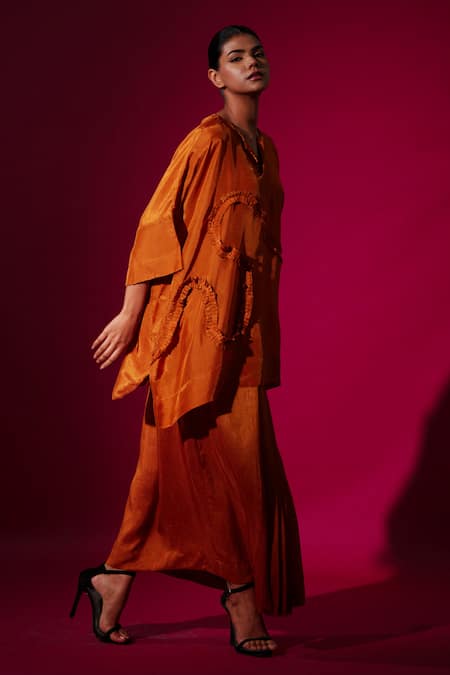 Buy_Stoique_Orange Silk Ruffles Open Neck Rust Detail Top _Online_at_Aza_Fashions