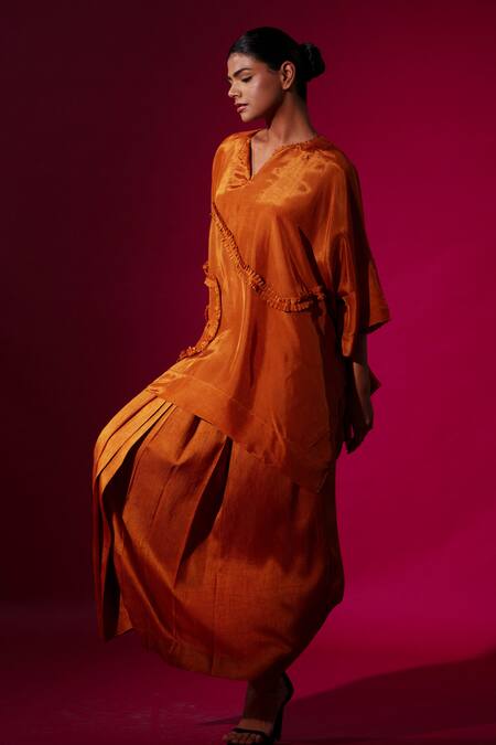 Buy_Stoique_Orange Silk Ruffles Open Neck Rust Detail Top 