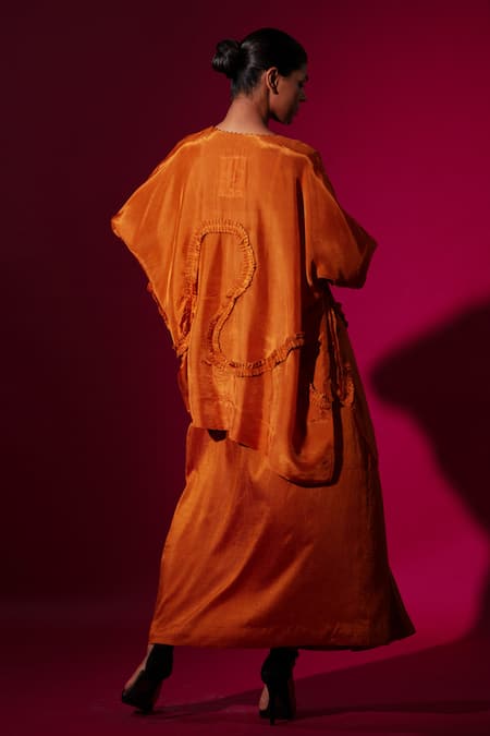 Shop_Stoique_Orange Silk Ruffles Open Neck Rust Detail Top _at_Aza_Fashions