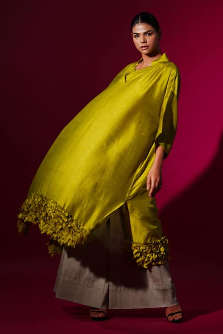 Stoique_Green Mohair Applique Collared, V-neck Leaf Long Tunic _Online_at_Aza_Fashions