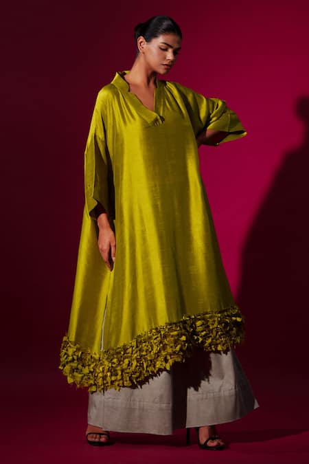 Shop_Stoique_Green Mohair Applique Collared, V-neck Leaf Long Tunic _Online_at_Aza_Fashions