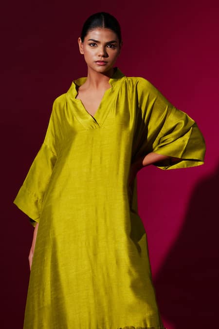 Stoique_Green Mohair Applique Collared, V-neck Leaf Long Tunic _at_Aza_Fashions