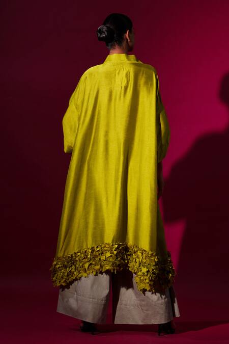 Shop_Stoique_Green Mohair Applique Collared, V-neck Leaf Long Tunic _at_Aza_Fashions
