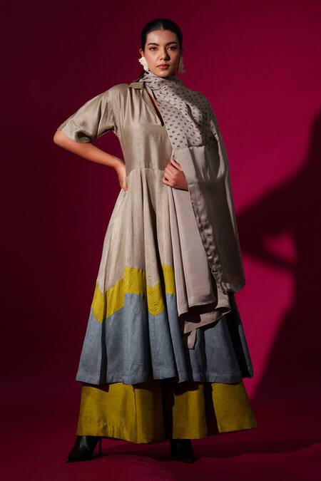 Buy_Stoique_Multi Color Silk Collared Block Designer Midi Dress _Online_at_Aza_Fashions