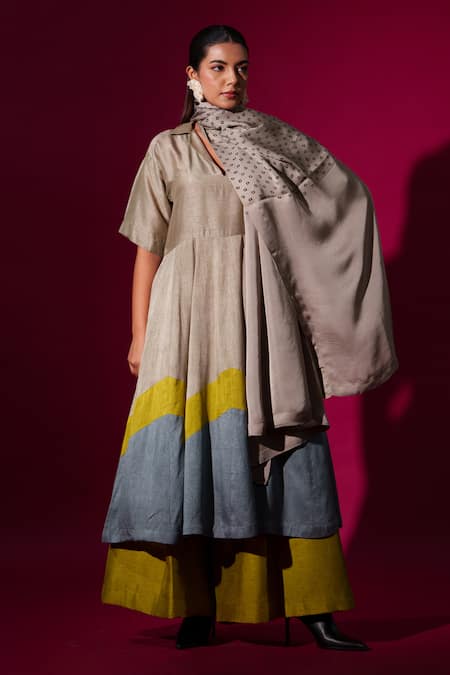 Shop_Stoique_Multi Color Silk Collared Block Designer Midi Dress _Online_at_Aza_Fashions