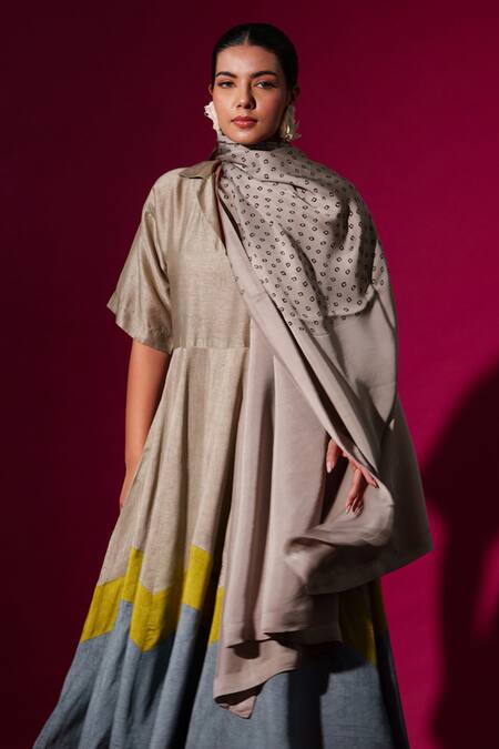 Stoique_Multi Color Silk Collared Block Designer Midi Dress _at_Aza_Fashions