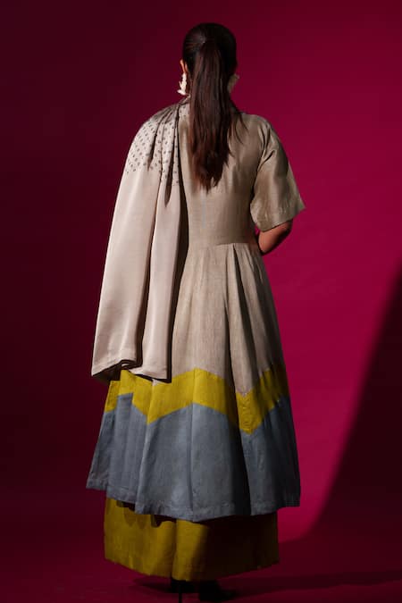 Shop_Stoique_Multi Color Silk Collared Block Designer Midi Dress _at_Aza_Fashions