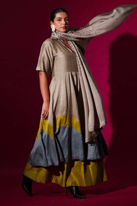 Buy_Stoique_Multi Color Silk Collared Block Designer Midi Dress 