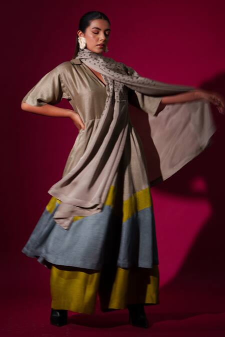 Shop_Stoique_Multi Color Silk Collared Block Designer Midi Dress 
