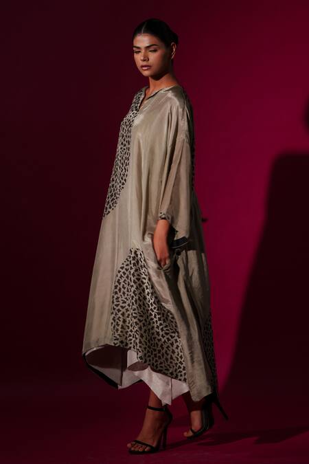 Stoique_Gray Cotton Beads Open Neck Abstract Print Asymmetric Dress _Online_at_Aza_Fashions