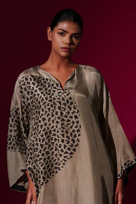 Buy_Stoique_Gray Cotton Beads Open Neck Abstract Print Asymmetric Dress _Online_at_Aza_Fashions