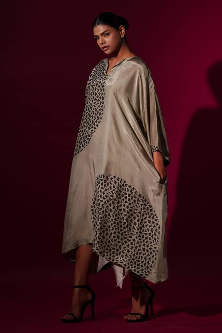 Stoique_Gray Cotton Beads Open Neck Abstract Print Asymmetric Dress _at_Aza_Fashions