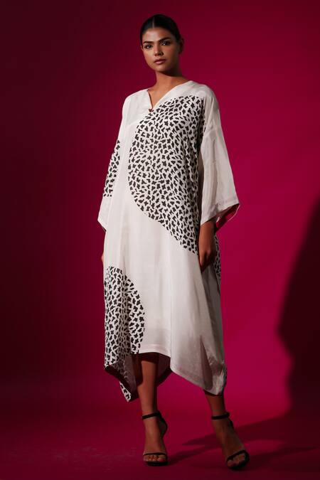 Buy_Stoique_White Cotton, Lycra Beads Open Neck Asymmetric Abstract Print Midi Dress _Online_at_Aza_Fashions