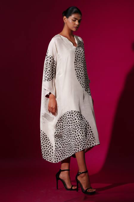 Shop_Stoique_White Cotton, Lycra Beads Open Neck Asymmetric Abstract Print Midi Dress _Online_at_Aza_Fashions