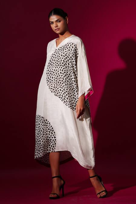 Stoique_White Cotton, Lycra Beads Open Neck Asymmetric Abstract Print Midi Dress _at_Aza_Fashions