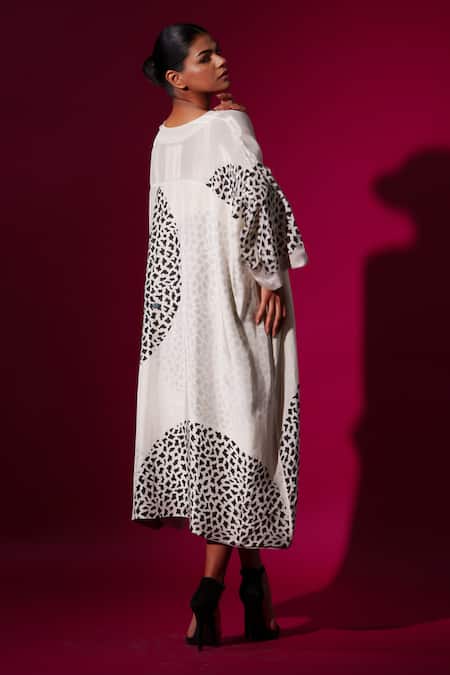 Shop_Stoique_White Cotton, Lycra Beads Open Neck Asymmetric Abstract Print Midi Dress _at_Aza_Fashions
