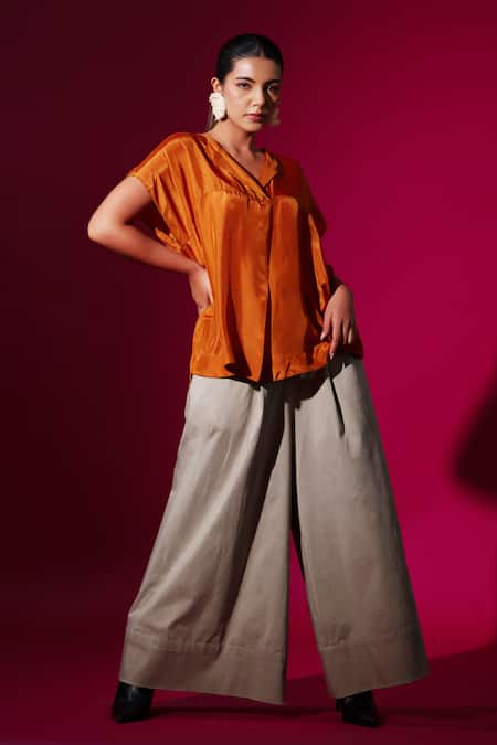 Shop_Stoique_Gray Cotton, Lycra Grey Flared Trouser With Side Pockets _Online_at_Aza_Fashions