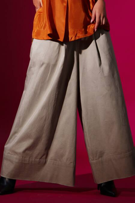 Stoique Gray Cotton, Lycra Grey Flared Trouser With Side Pockets at Aza Fashions Stoique_Gray Cotton, Lycra Grey Flared Trouser With Side Pockets _at_Aza_Fashions