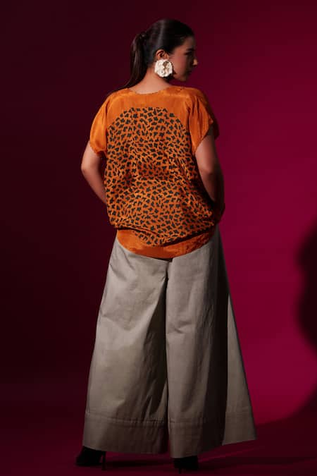 Shop_Stoique_Orange Silk Beads Rust Abstract Block Print Top _at_Aza_Fashions