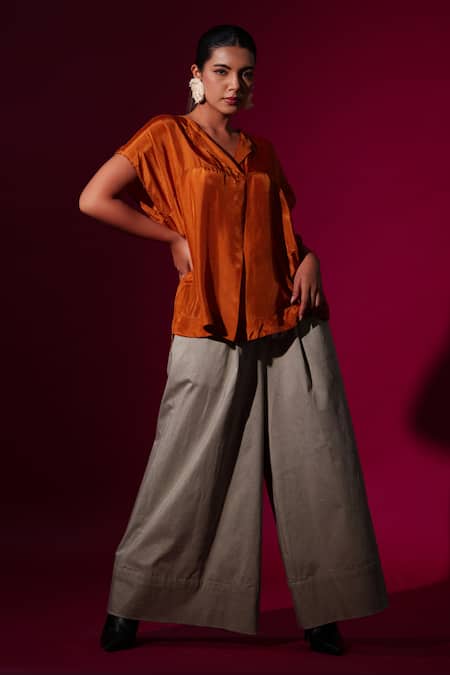 Stoique_Orange Silk Beads Rust Abstract Block Print Top _Online_at_Aza_Fashions