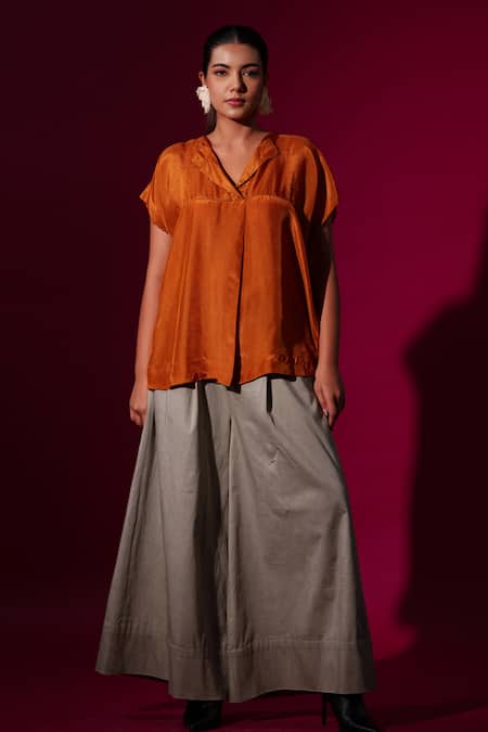 Buy_Stoique_Orange Silk Beads Rust Abstract Block Print Top _Online_at_Aza_Fashions