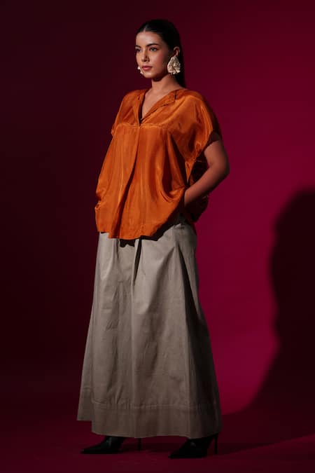 Shop_Stoique_Orange Silk Beads Rust Abstract Block Print Top _Online_at_Aza_Fashions