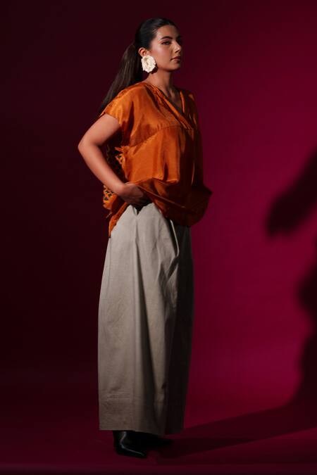 Stoique_Orange Silk Beads Rust Abstract Block Print Top _at_Aza_Fashions