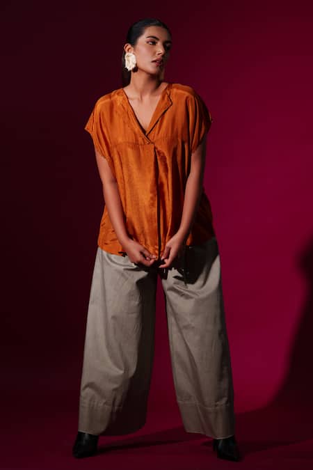 Buy_Stoique_Orange Silk Beads Rust Abstract Block Print Top 