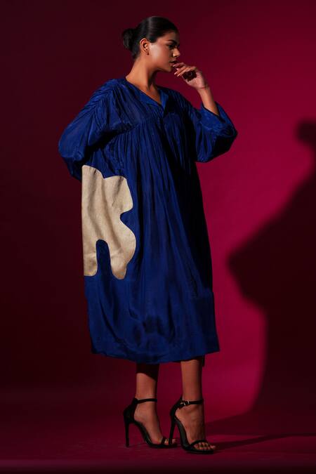 Stoique_Blue Muslin Applique Open Neck Royal Midi Dress _Online_at_Aza_Fashions