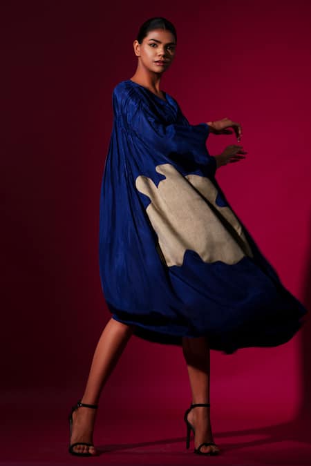 Stoique_Blue Muslin Applique Open Neck Royal Midi Dress _at_Aza_Fashions