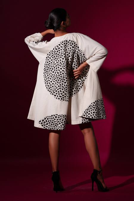 Buy_Stoique_White Muslin Open Neck Abstract Block Print Flared Dress _Online_at_Aza_Fashions