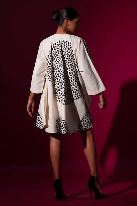 Shop_Stoique_White Muslin Open Neck Abstract Block Print Flared Dress _at_Aza_Fashions