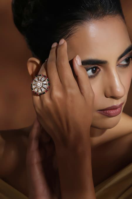 Swabhimann_Multi Color Piping Polki Embellished Adjustable Ring _Online_at_Aza_Fashions