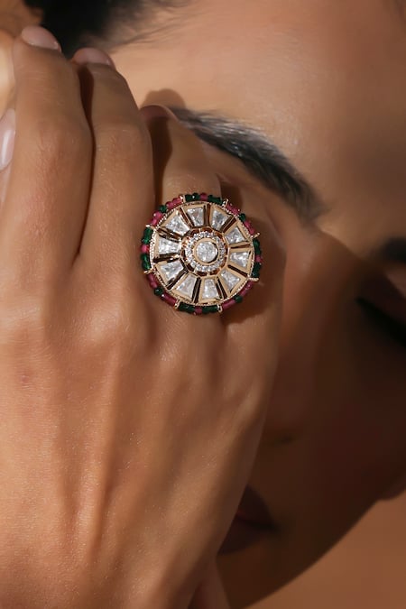 Buy_Swabhimann_Multi Color Piping Polki Embellished Adjustable Ring _Online_at_Aza_Fashions