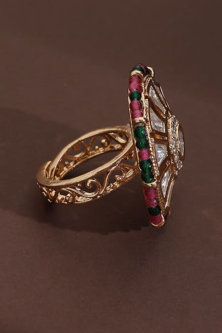 Shop_Swabhimann_Multi Color Piping Polki Embellished Adjustable Ring _Online_at_Aza_Fashions