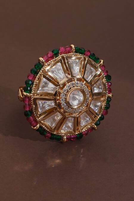 Shop_Swabhimann_Multi Color Piping Polki Embellished Adjustable Ring _at_Aza_Fashions