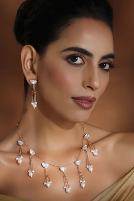 Swabhimann_White Pearls, Piping Tasseled And Polki Necklace Set _Online_at_Aza_Fashions