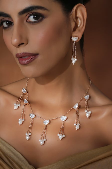 Buy_Swabhimann_White Pearls, Piping Tasseled And Polki Necklace Set _Online_at_Aza_Fashions
