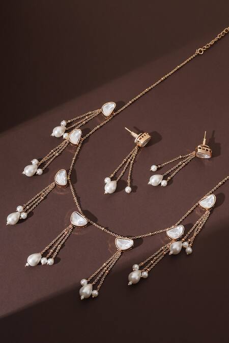 Shop_Swabhimann_White Pearls, Piping Tasseled And Polki Necklace Set _Online_at_Aza_Fashions
