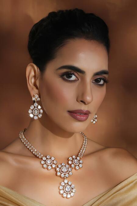 Swabhimann_Rose Gold Zari Floral Polki Necklace Set_Online_at_Aza_Fashions