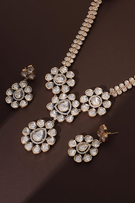Buy_Swabhimann_Rose Gold Zari Floral Polki Necklace Set_Online_at_Aza_Fashions