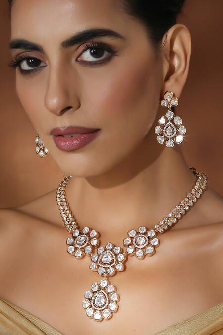 Shop_Swabhimann_Rose Gold Zari Floral Polki Necklace Set_Online_at_Aza_Fashions