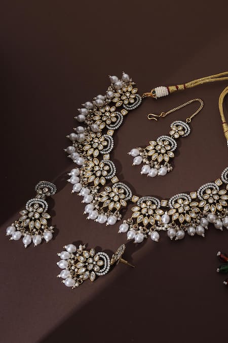 Shop_Swabhimann_White Pearls Rhodium Plated Polki Necklace Set _Online_at_Aza_Fashions