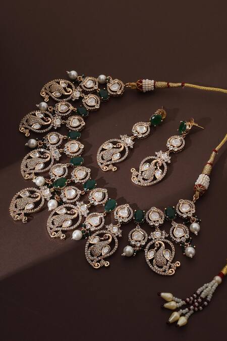 Swabhimann_Green Stones, Piping Rose Gold Polki And Necklace Set _Online_at_Aza_Fashions
