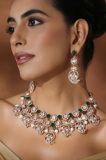 Buy_Swabhimann_Green Stones, Piping Rose Gold Polki And Necklace Set _Online_at_Aza_Fashions